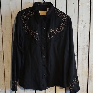 Scully Black Button Down Shirt with Gold Embroidery